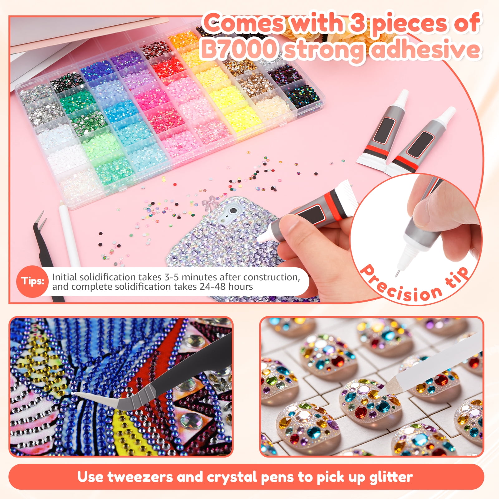 Threns 40 Colors Resin Rhinestone for Bedazzling 0.12in 32000 Pcs Flatback Rhinestone for Crafting Bedazzling Kit with 3Pcs B7000 Glue for Clothing Shoes Nail Book Diamond Art