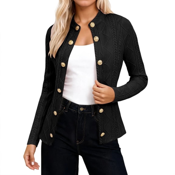 Unir Button Up Sweaters For Women Knit Cardigan Sweater Jacket Stand Collar Gold Decor Buttons Slim‑Fit Long Sleeve Cable Knit Outerwear 1‑Pack S‑XXL Plus Size Friendly