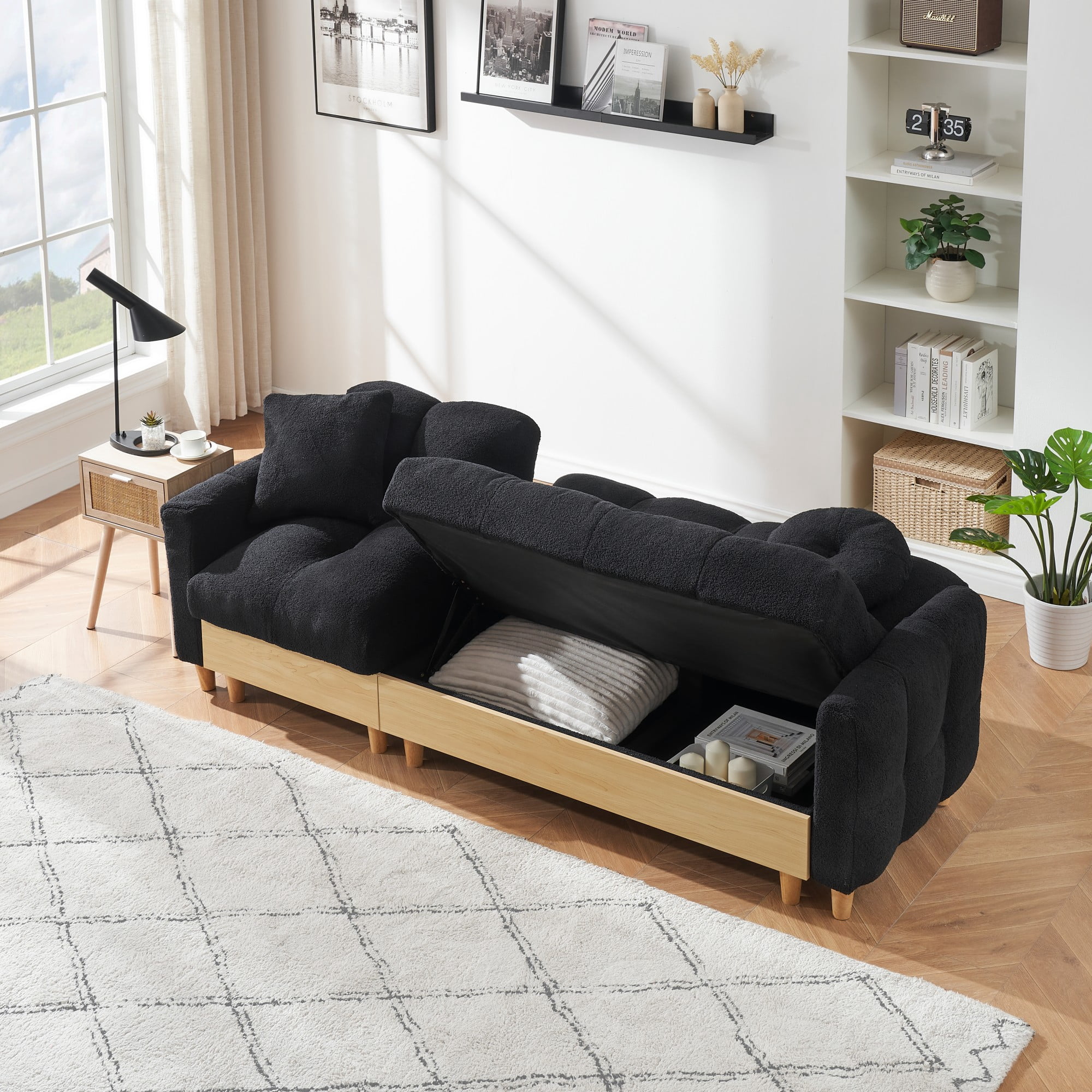 Overstuffed Sofa Couch,3 Seater Teddy Fleece Upholstered Convertible Sofa Couches with Drawer and Storage Seatbase,Adjustable Backrests and Pillows, Comfy Couch for Living Room,Black