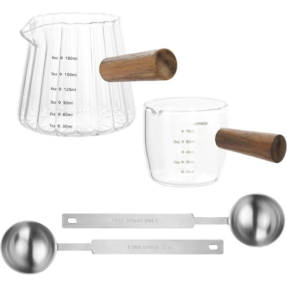 2 PCS Espresso Shot Glass with 2PCS Coffee Measuring Spoons, Espresso Shot Cups with Wood Handle, Single Spout Glass Measuring Cup with Dual Scale, Espresso Accessories for Coffee Milk (6.0oz, 2.5oz）