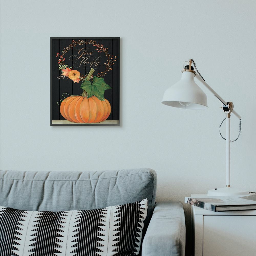 Stupell Industries Give Thanks Pumpkin Fall Autumn Seasonal Design Framed Wall Art by Stephanie Workman Marrott