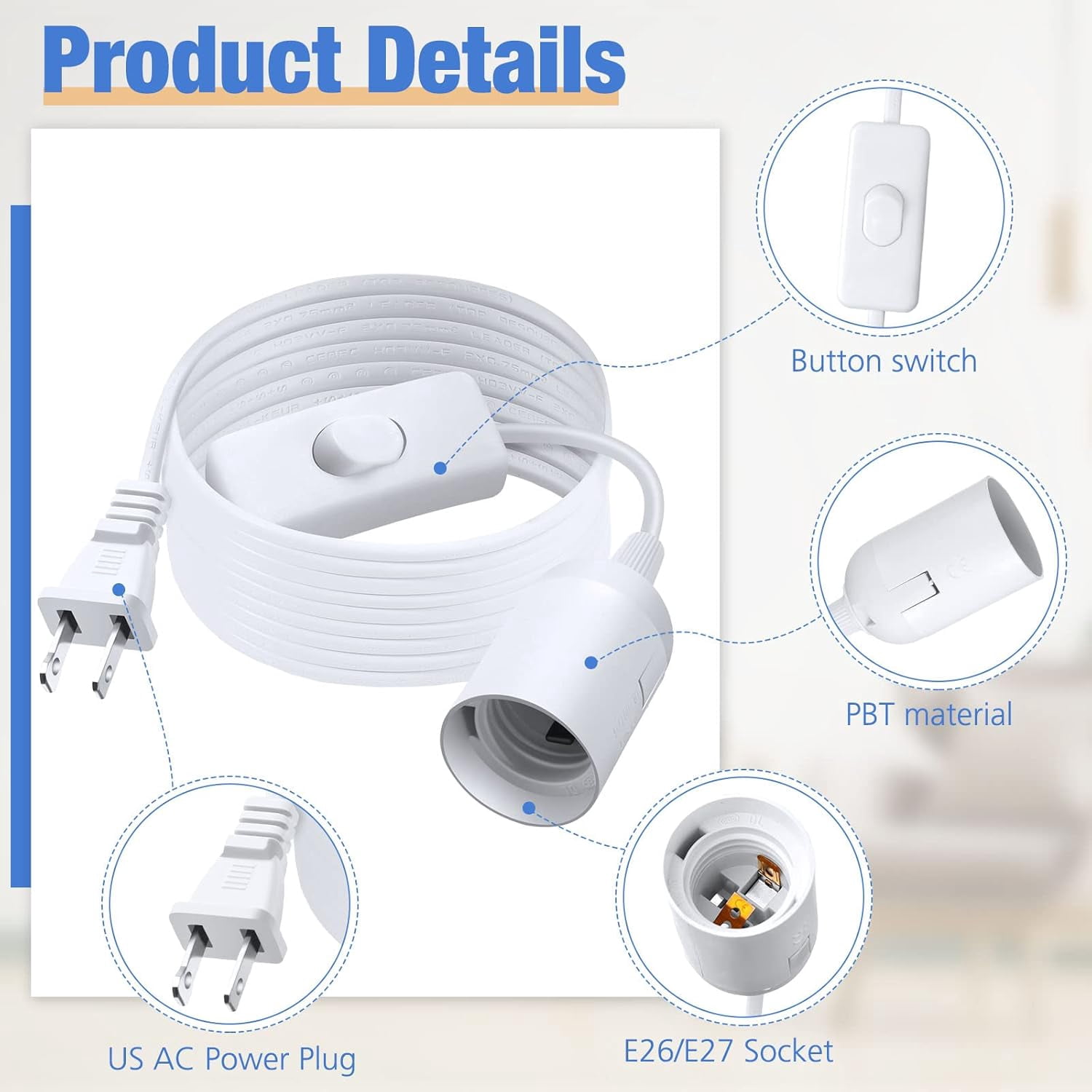 Extension Cord Kit with Pendant Lamp Socket, Bulb Base, Switch and Hooks for Hanging Lights in Kitchen, Bedroom, or Plant Growth, 12 Feet, White, 12-Piece Set