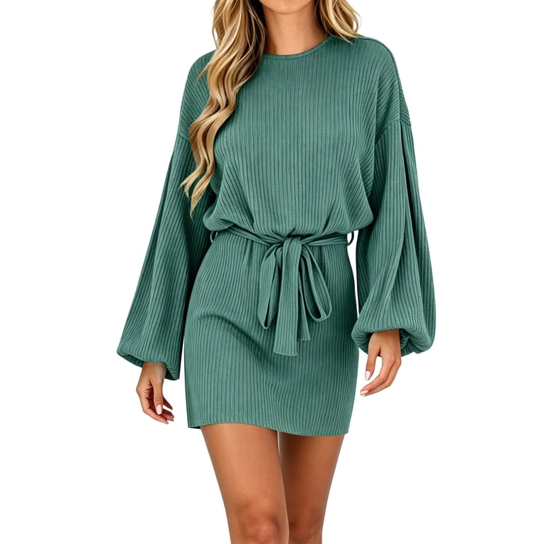 green lantern sleeve dress Brgzlk Womens Mini Trendy Solid Color Crew Neck Casual Tie Waist Dresses 2026 Fall Winter Fashion Clothes Army M, Women's Off Shoulder Short Sleeve