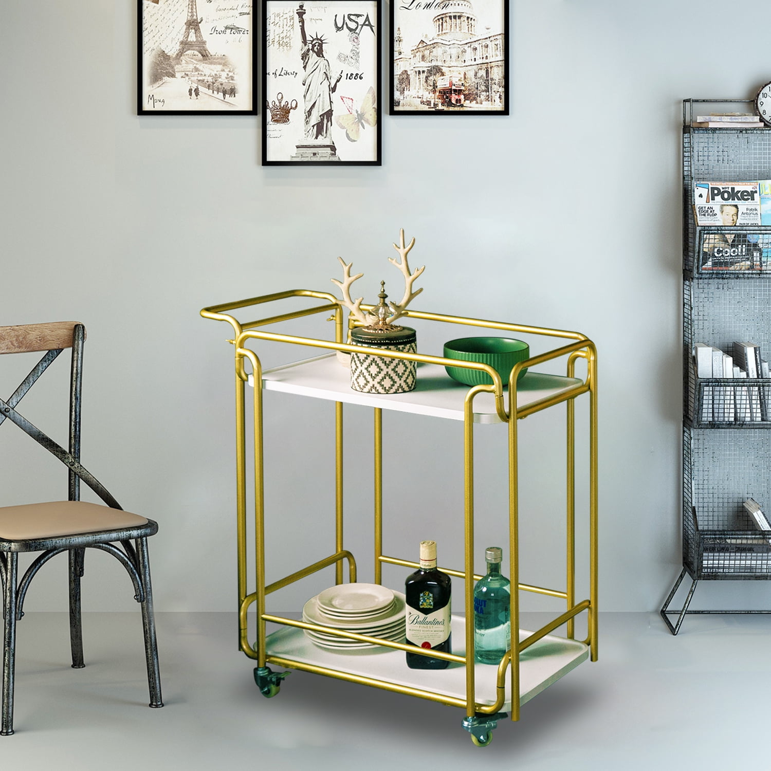 Bar Cart Gold, Industrial Mobile Bar Cart, 2 Wood Storage Shelves, Mini