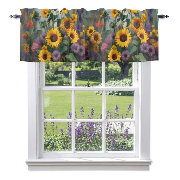 Spring Florals Valances for Windows, Watercolor Sunflowers Country Green Leaves Valance Window Treatment Rod Pocket Short Curtains Valances for Kitchen Bathroom 54"W x 18"L