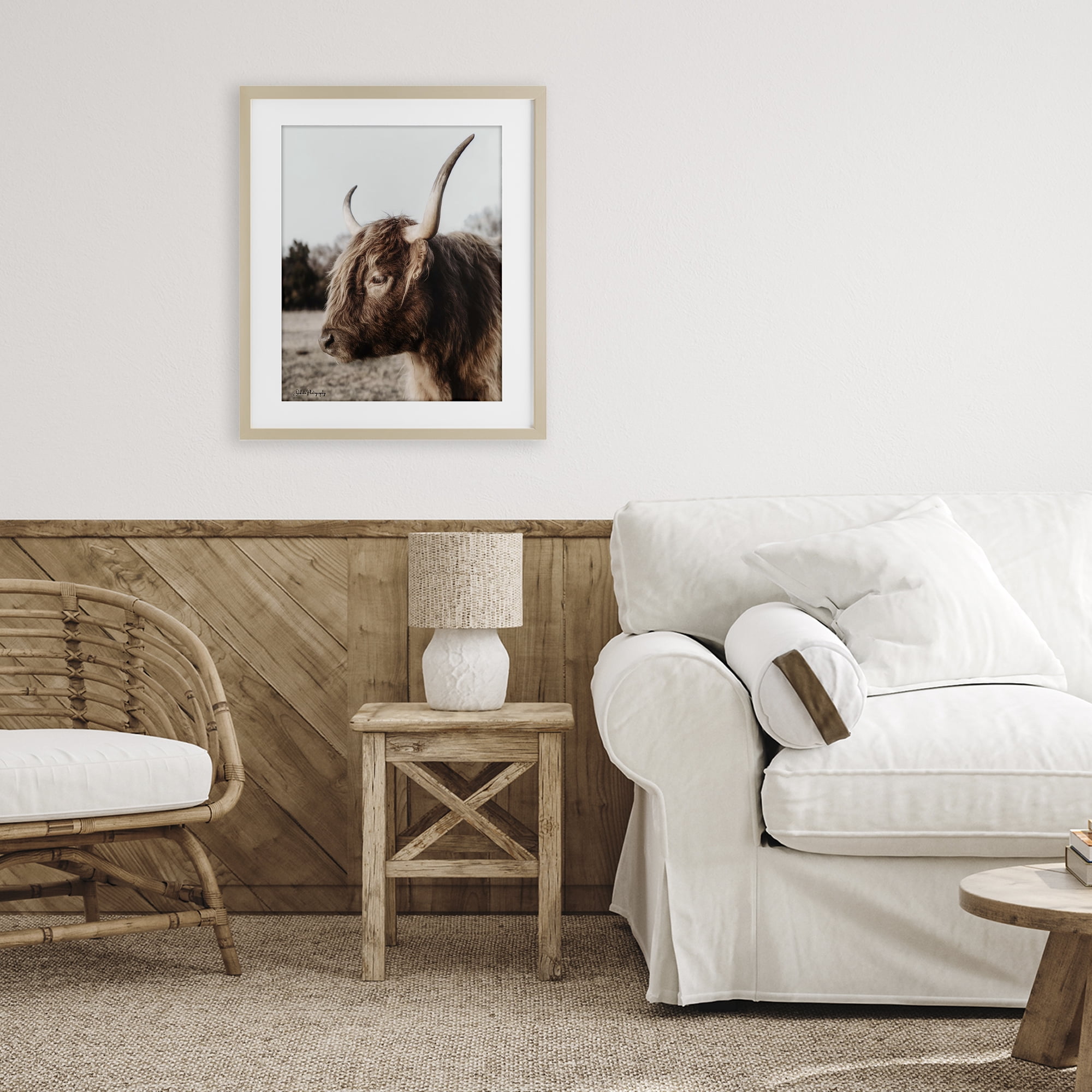 Stupell Industries Horned Cattle Peering Birch Framed Print Under Glass, design by Dakota Diener