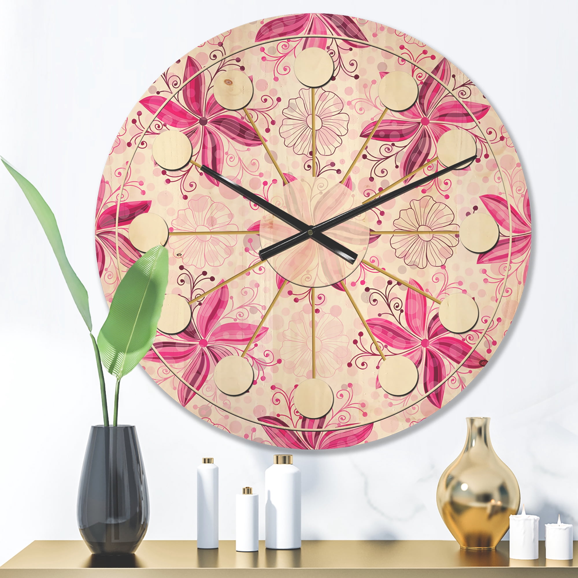 Designart 'Floral Retro Pattern XII' Mid-Century Modern Wood Wall Clock