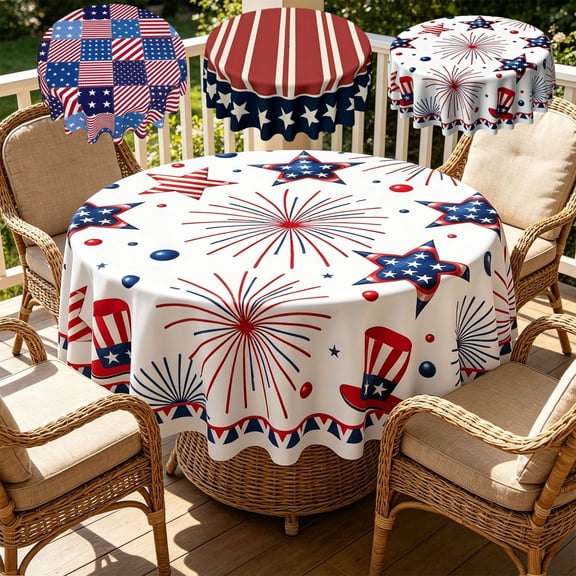 60In Patriotic Round Tablecloth Polyester Waterproof Stain Resistant Independence Day Party Bbq Picnic Home Kitchen Dining Decorative Cover Decor