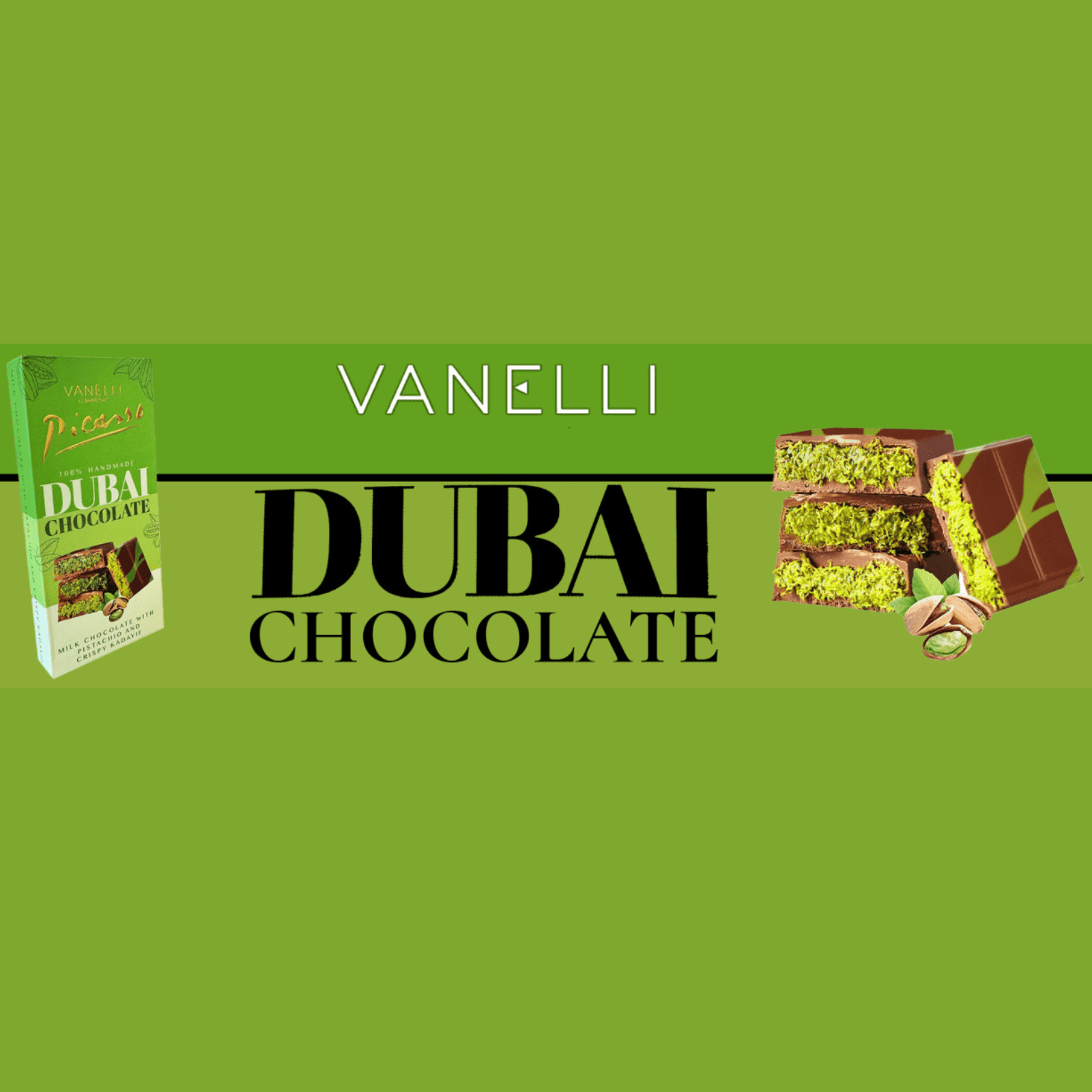 Picasso Vanelli Dubai Chocolate Bar – Premium Imported Milk Chocolate, 7 oz (200g) 6 Pack.