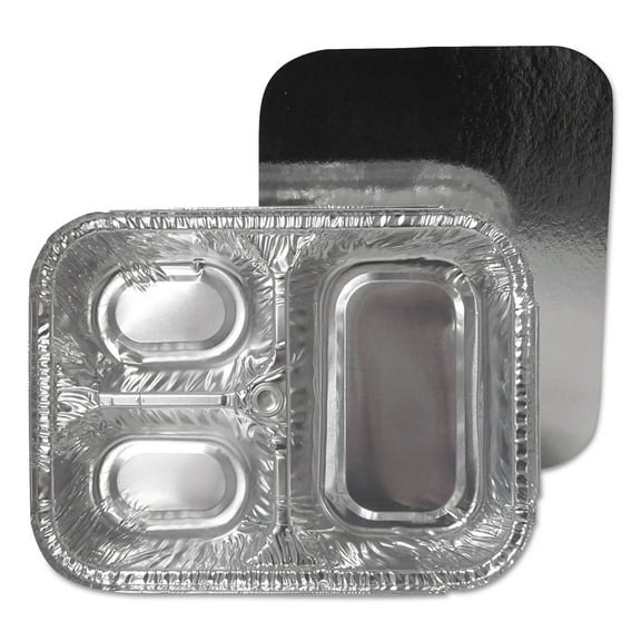 Durable Packaging 3-Compartment Oblong Aluminum Foil Container with Board Lid, 23 oz