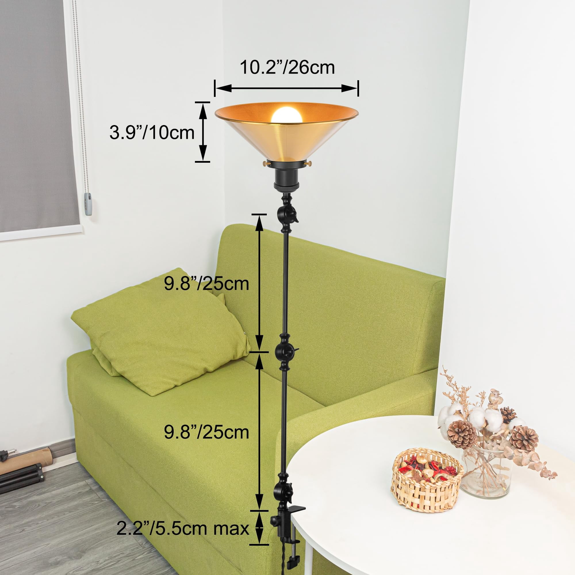 Kiven Dimmable Clip-on Desk Lamp, 1-Light Iron Modern clip on light with Flexible Swing Arm, 8.2FT Plug in Cord, Decorative Clamp Lamp for Bedside Bookshelf Cabinet E26 Sokcet,Gold