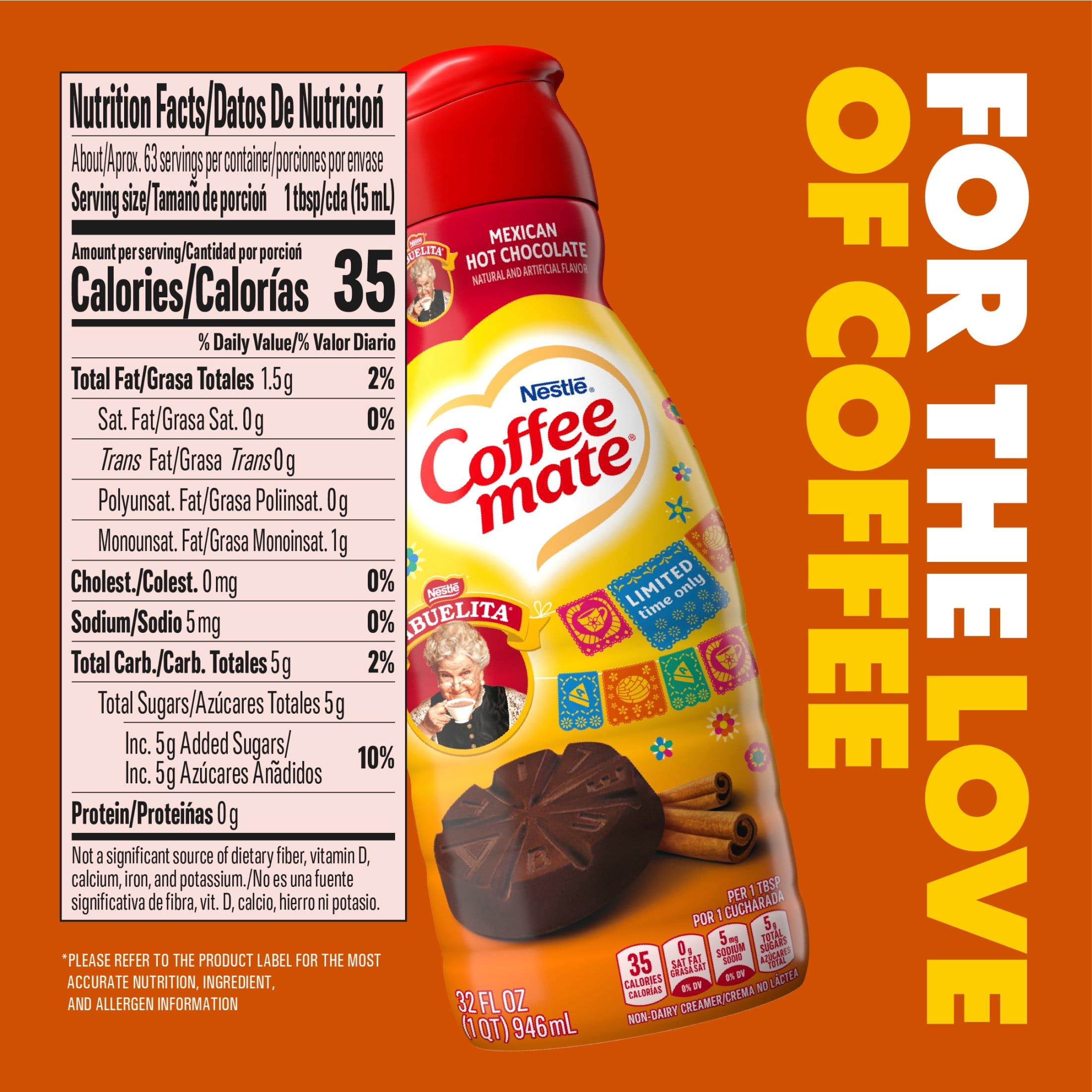 Coffee mate Mexican Hot Chocolate Flavored Coffee Creamer Cinco de Mayo Food, Non Dairy, Gluten Free, 63 Servings 32 fl oz​