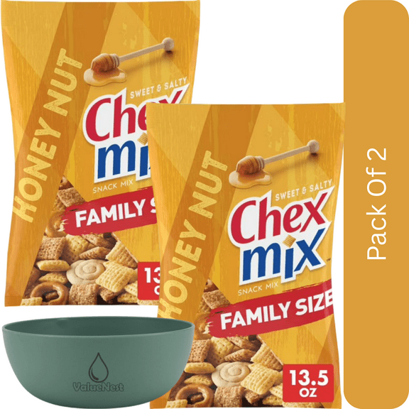 Chex Mix Honey Nut Sweet & Salty Snack Mix, Family Size, 13.5 oz-2pk, With Olive Green Bowl By ValueNest