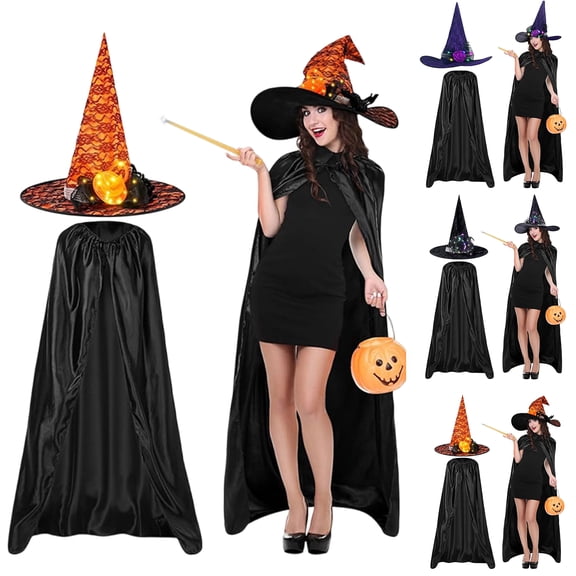 Zydvens Light Up Women Halloween Witch Cosplay Costume - 2 Pcs LED Glowing Witch Hat with Black Cape Cloak Set for Adult Party Dress Up Accessories Assorted 3 Colors