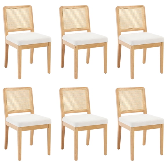 Guyou Farmhouse Rattan Dining Chairs Set of 6, Modern Wooden Kitchen Chairs with Cane Back, Chenille Upholstered Dining Room Chairs, Boho Wicker Woven Dining Side Chairs for Dining Room, White