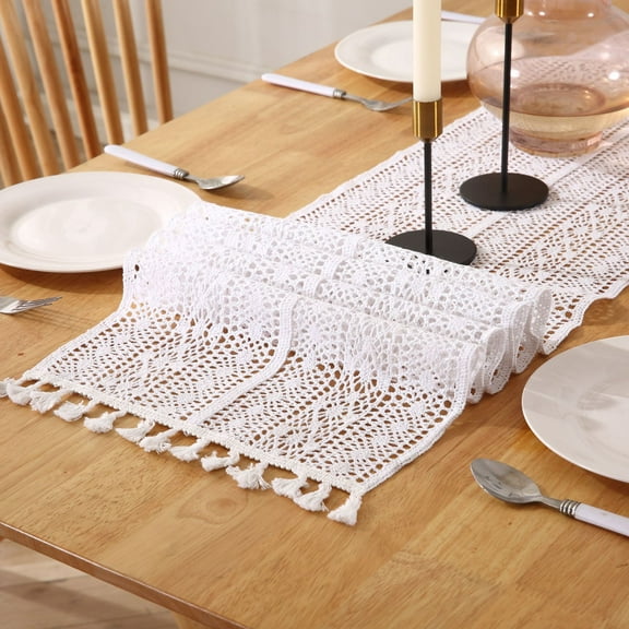 XmhyTop Farmhouse Dining Table Runner Rustic Boho Table Runner for Coffee Table 70" Long Macrame Woven Table Runner for Christmas Fall Kitchen Decor, 13x70 Inches（White）