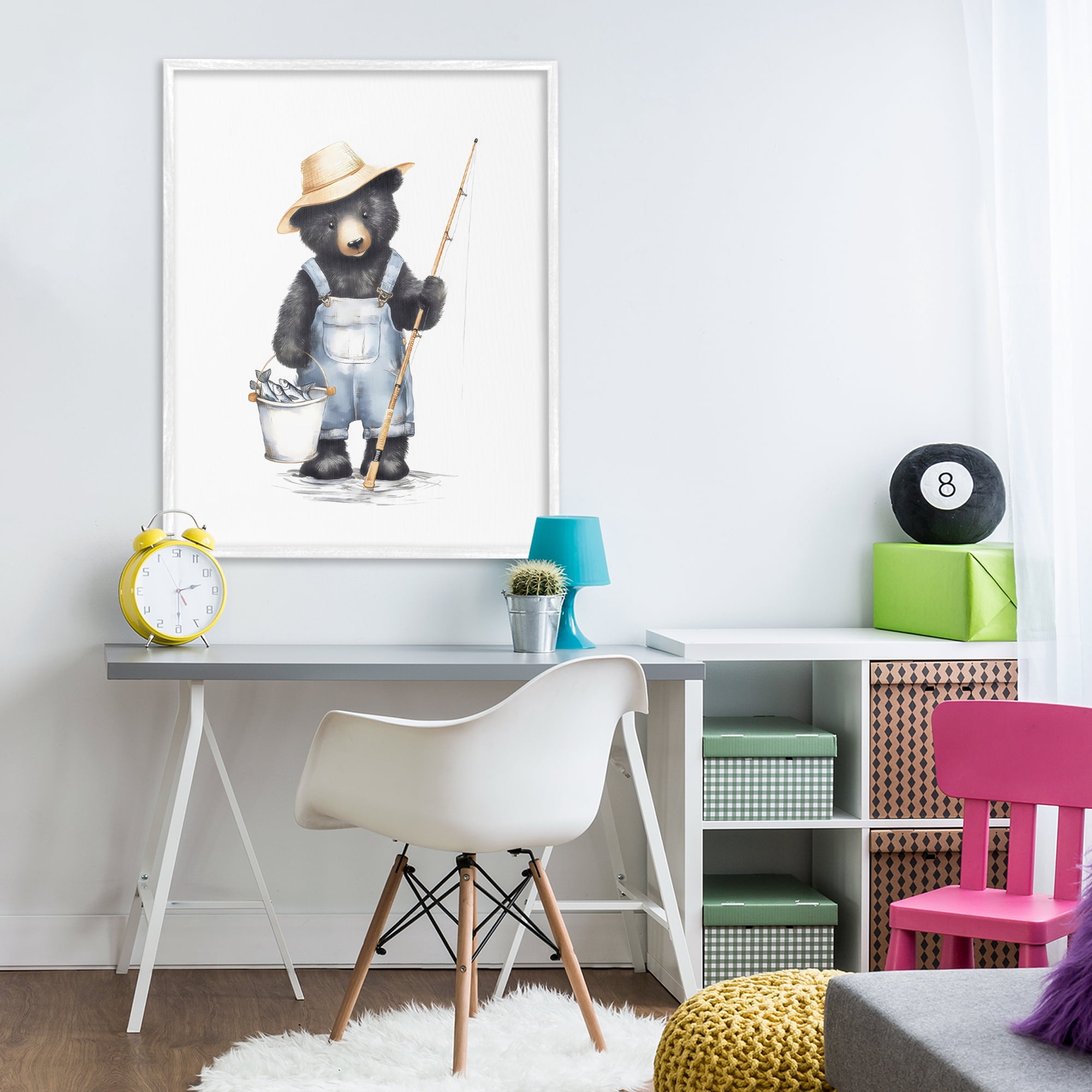 Stupell Industries Fishing Bear in Straw Hat White Framed Giclee Art, design by Arlington Prints