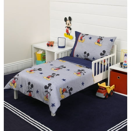 mickey mouse 90th birthday 4-piece toddler bed set - quilted comforter,  fitted sheet, flat sheet and standard size pillowcase