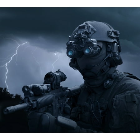 Special operations forces soldier equipped with night vision and an HK416 assault rifle Poster