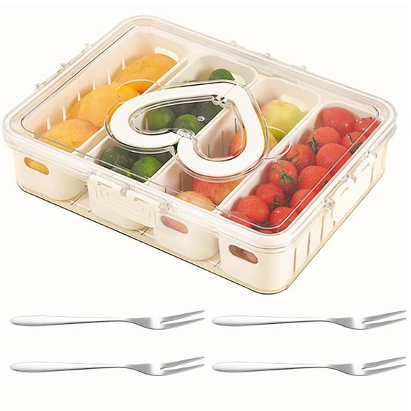 Simperf Divided Serving Tray with Lid, Snack Divider Container, Snack Containers with Dividers, 4 Compartment Food Storage with Handle, Snackle Box Container with 4 Fruit Fork