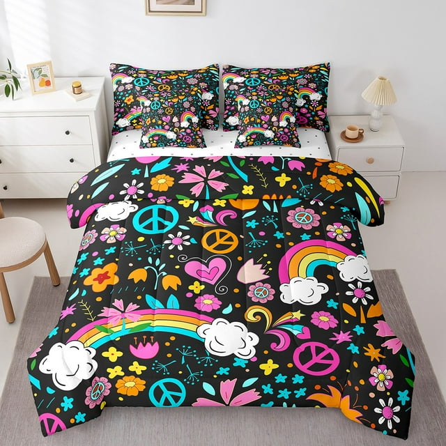 YST Rétro Années 60 70 Groovy Lit en Sac Simple,Kawaii Amour et Paix Literie 7 Pcs,Mignon 1970 1960 Hippie Ensemble de Courtepointe Réversible,Ensembles de Lit Réversibles à Rayures Arc-en-Ciel Colorées avec Ensemble de Draps