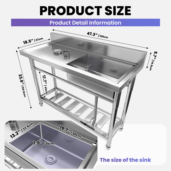 Single Bowl Sink, Stainless Feet, Stable Setup, Metal Kitchen Sink, 19.7” x 13.2” x 7.9” Sink Dedicated to Kitchen, Bathroom, Workshop