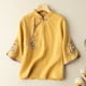 thumbnail image 2 of Camisa vintage de lino con cuello mao y bordados para mujer tallas grandes - Manga 3/4 holgada, material de poliéster, tallas M-XXXXL, prenda para primavera/verano, 2 of 3