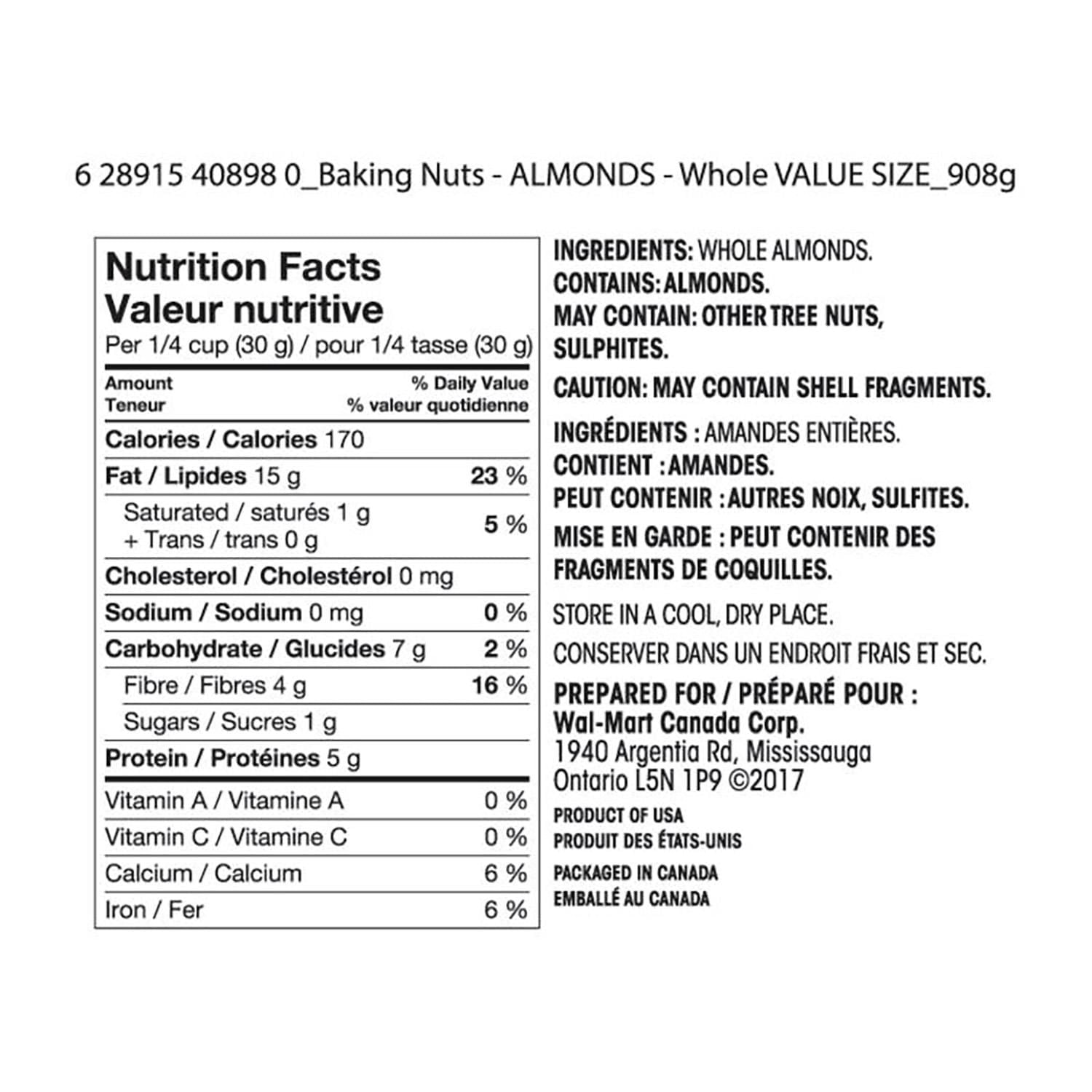 Great Value Whole Almonds, 908 g