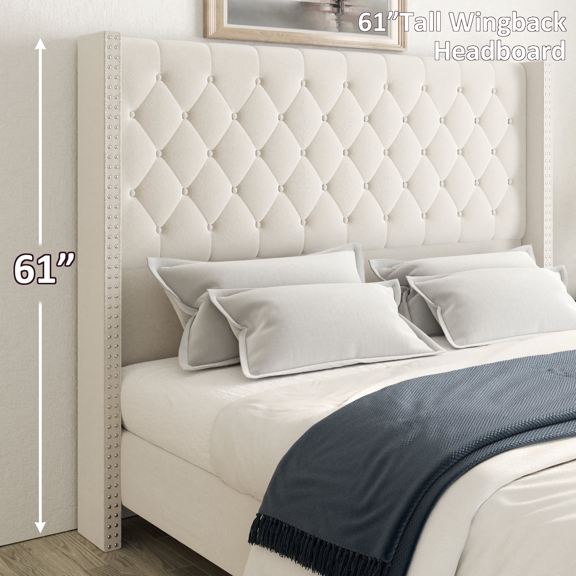 viplov King Size Bed Frame, 62" Tall Velvet Upholstered Bed, Wooden Slats, Modern Luxury Design, Easy Assembly, Beige
