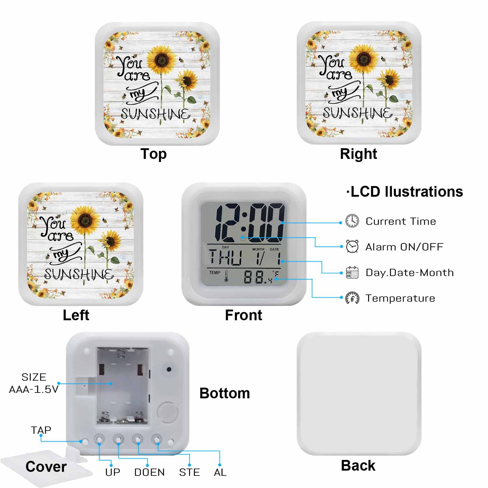 Alarm Clocks You Are My Sunshine Digital Clock 7 Color LED Night Light Silent Non-Ticking Battery Operated Bee Sunflower Wooden Cube Clocks Decorative for Bedroom Bedside Living Room Office School