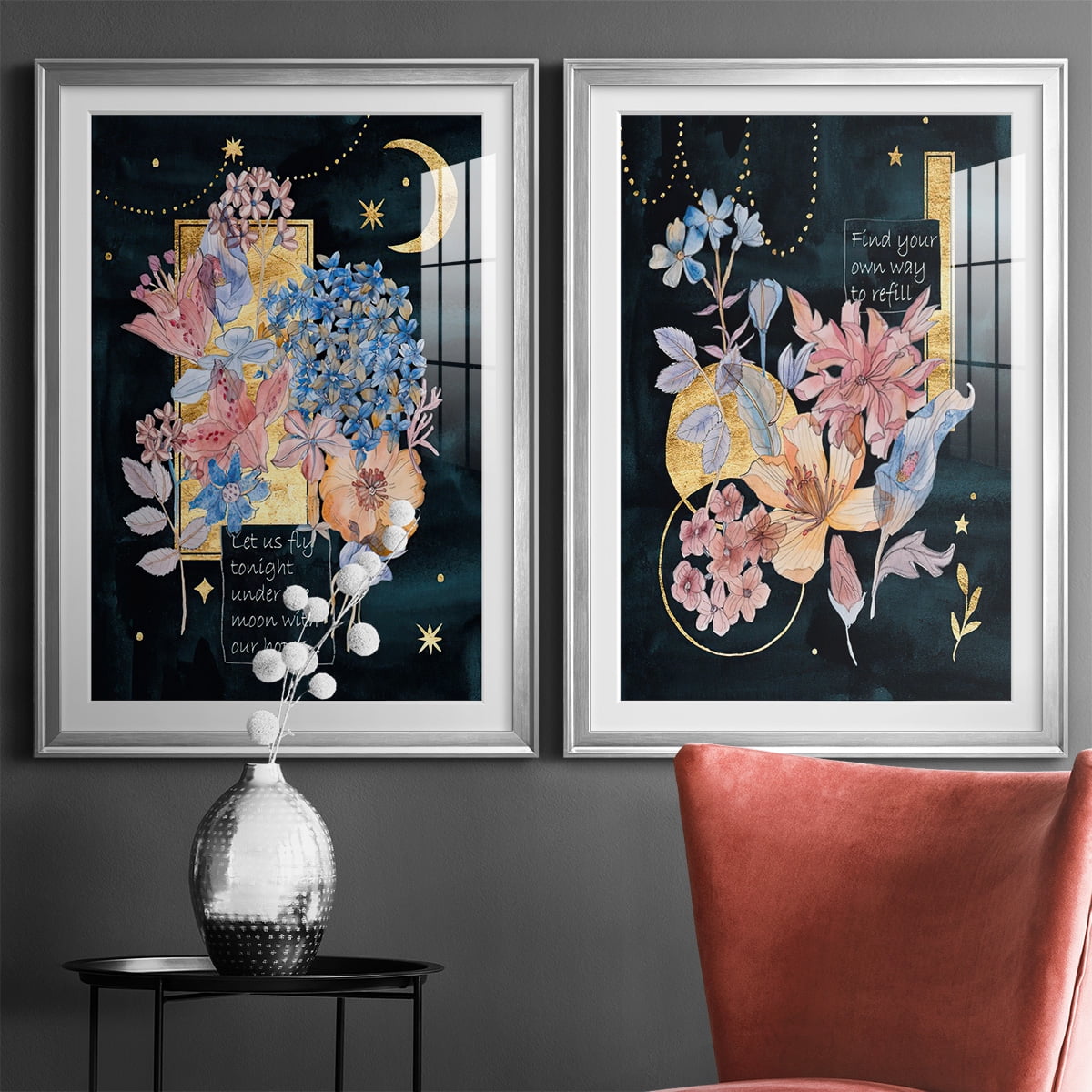 Wexford Home Moonlight Flowers I Premium Framed Print, 22.5" x 30.5" - Ready to Hang, Silver (Set of 2)