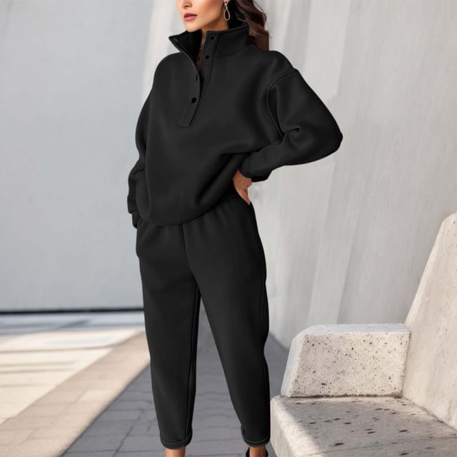 WILLBEST Jeans for Women Women's Solid Color Fashion Button Up Stand Long Sleeve Pants Suit Set Clearance Fit