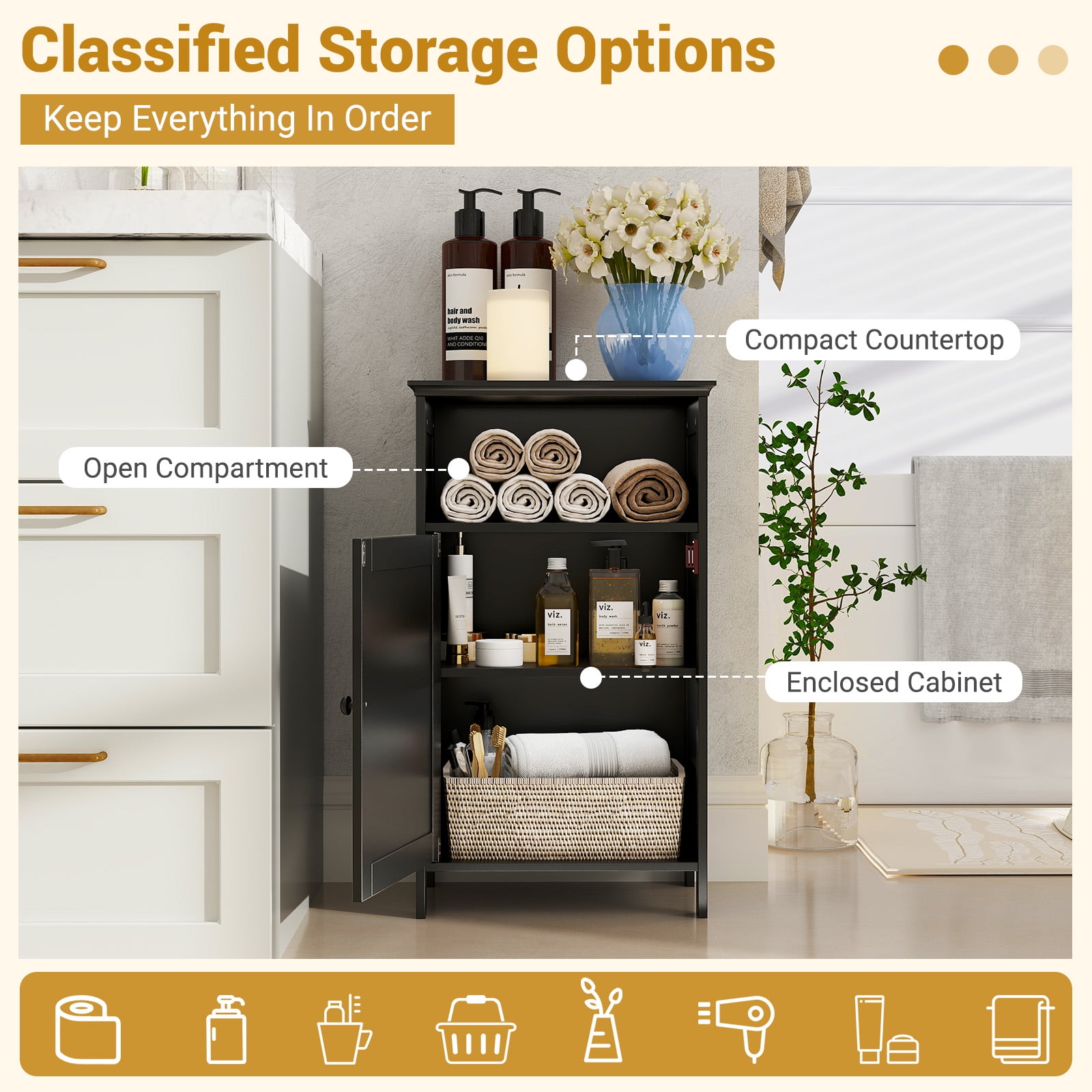Gymax Bathroom Floor Storage Cabinet Side Table w/ Open Compartment & Adjustable Shelf