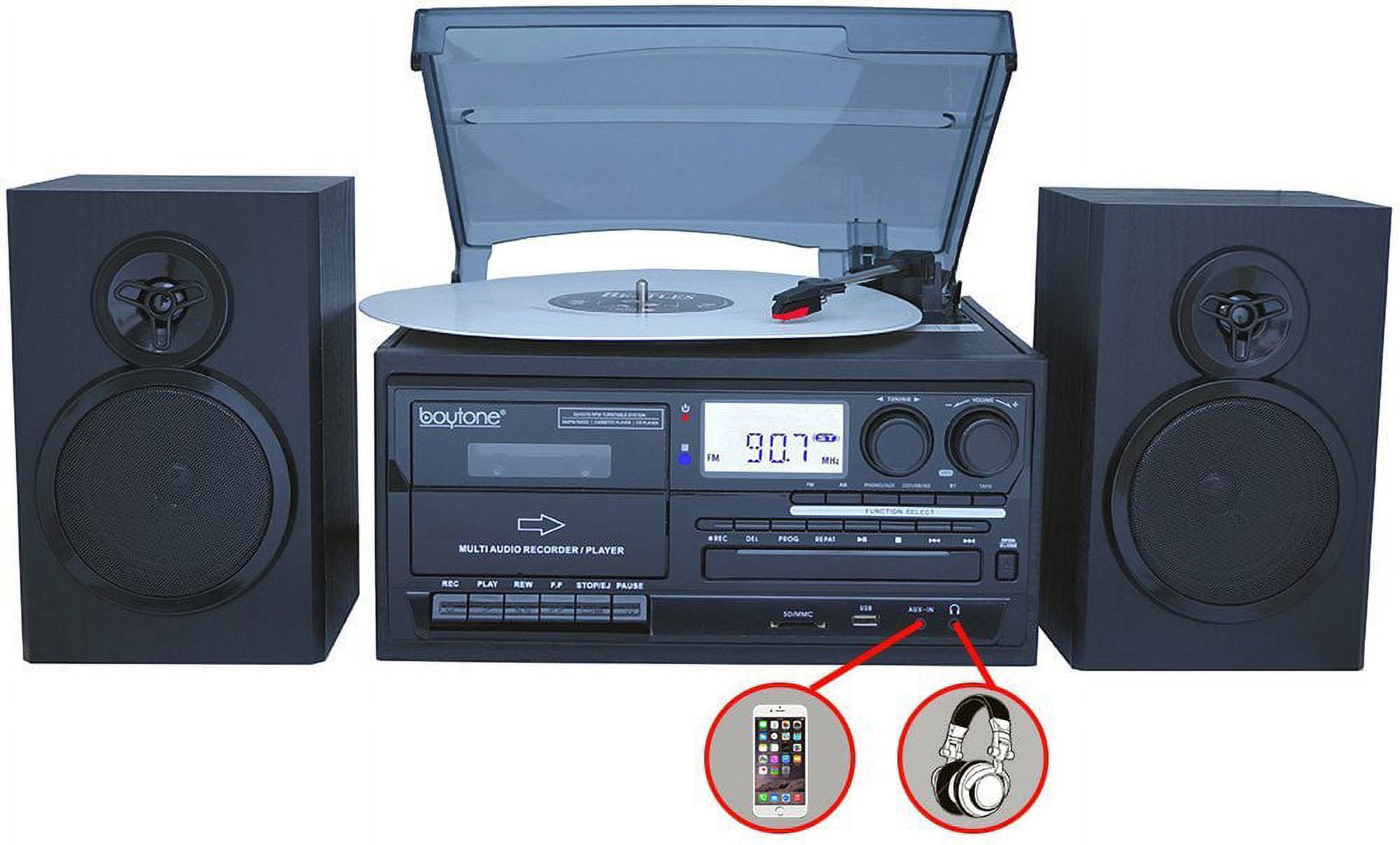 Boytone BT-28SPB, Bluetooth Record Player Turntable with AM/FM Radio, Cassette Player, CD Player