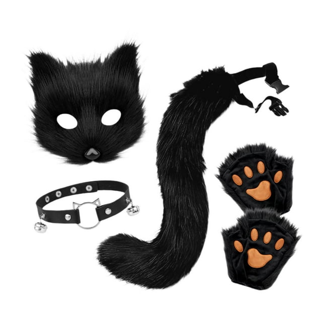 BELOVING Animal Collar and Tail Set Halloween Face for Prom Night Club Role Play Black