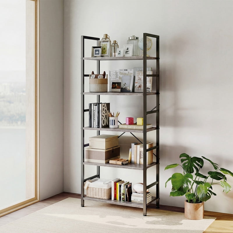 Gianna 5 Tier Bookshelf, Free Standing Shelf, Bookcase Shelf Storage Organizer, Industrial Book Shelves for Home Office, Living Room, Kitchen, Gray