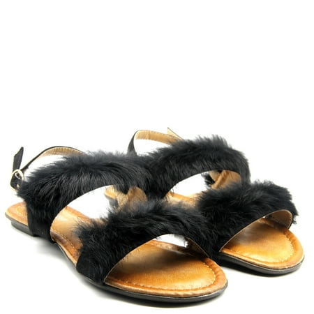 

Women Pom Pom Wide Strap Fur Cute Stylish T-Strap Sandals Flats Shoes Black