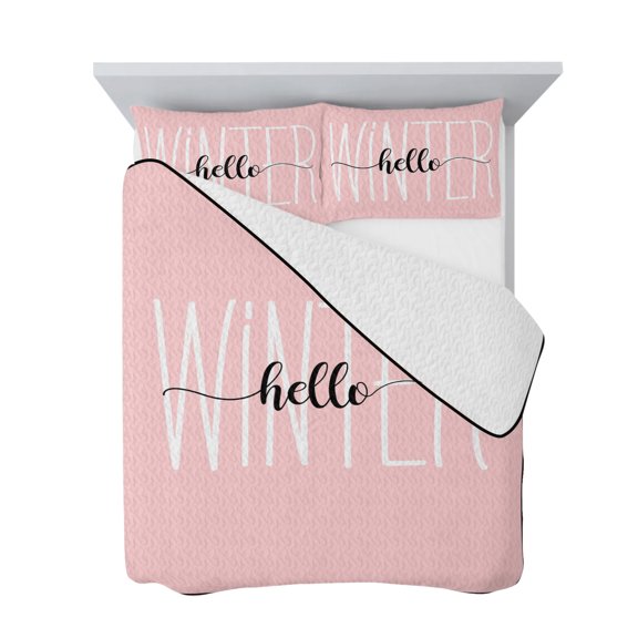 Twin Quilt Bedding Set, Abstract Hello Winter Quote on Pink Soft Microfiber Summer Bedspread Coverlet with 2 Pillow Shams for All Season, Merry Christmas Breathable Bedding Set for Hot Sleepers