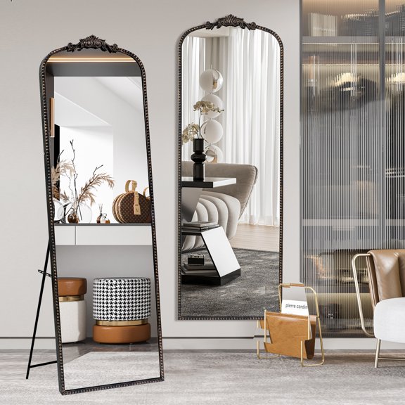 Antique Vintage Black Baroque Full Length Floor Mirror, 65’’x22’’ Ornate Full Body Mirror in REINFORCED GLASS, Free Standing, Wall-mounted and Leaning Against the Wall, for Bedroom, Living Room