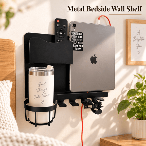OZERA No Drill Metal Bedside Wall Shelf, Floating Wall Organizer with Detachable Cup Holder, Nightstand Alternative for Bedroom, Dorm, Bunk Bed & RV Storage