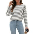 thumbnail image 2 of Womens Long Sleeve Shirts Striped Color Block Tops Fall Fashion Clothing Crewneck Tee Blouses Gray White L, 2 of 8