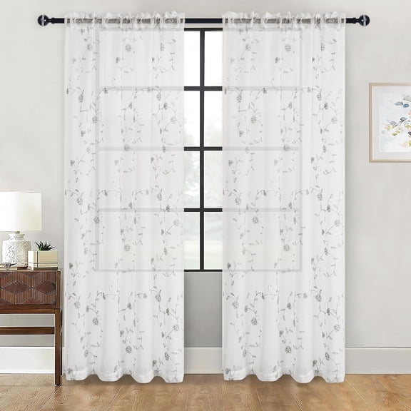 FKHDGF-Sheer Curtains with Embroidered Sakura Design - Embroidered Faux Linen Semi Voile Curtains for Bedroom and Living Room, Rod Pocket Window Treatment, 2 Panels,Light Gray, 52 x 84 Inches Length