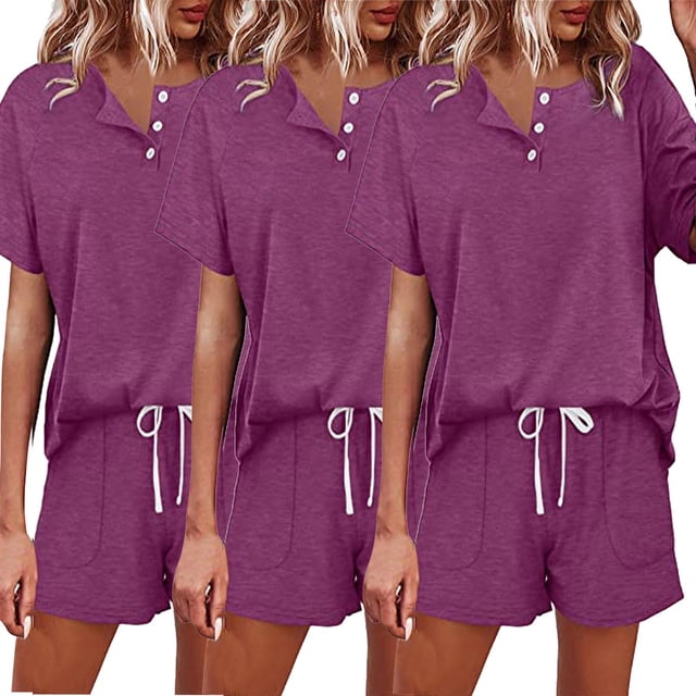 Annhoo Lounge Sets for Women Summer Button down Short Sleeve Shirts with Drawstring Waist Shorts Pj Sets 3 Pack