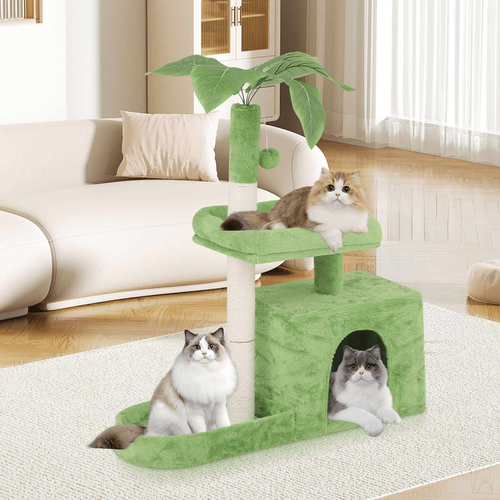 MoNiBloom 32" Cat Tree Tower with Leaf Design, Scratching Posts, Perch, Cat Cave and Hanging Ball for Indoor Cats, Lawn Green