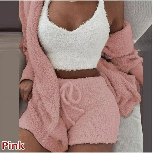 2022 Fashion Women s Flannel Velvet Pajamas Set Sexy Crop Top Shorts Coat 3 Pieces Suit Sleepwear Casual Soft Homewear Pyjamas Walmart
