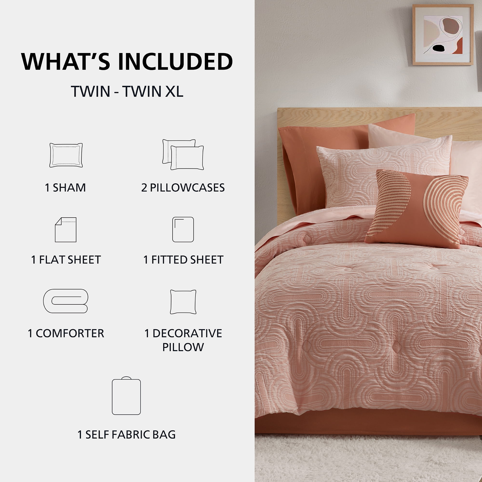 Mainstays 8-Piece Reversible Bed-in-a-Bag Comforter Set with Sheets, Twin/Twin-XL, Pink Arch
