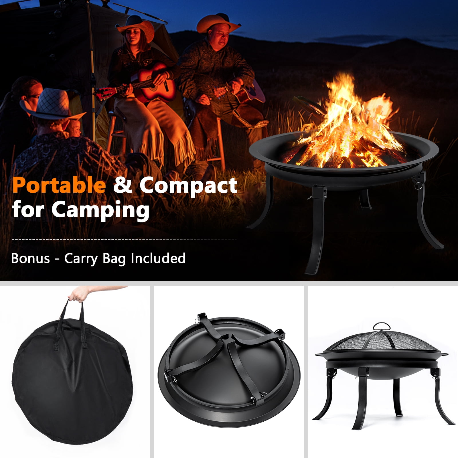 KingSo 24in Fire Pit for Outside, Portable Outdoor Foldable