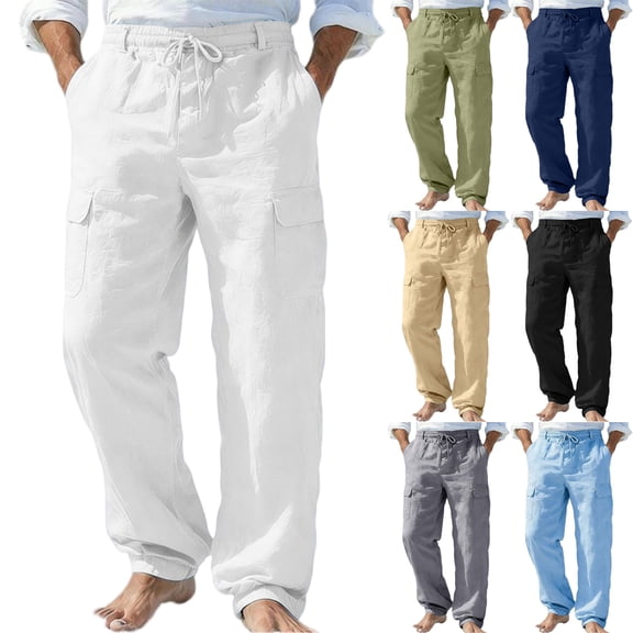 Homeyce Casual Cotton Linen Pants for Men with Elastic Waist Drawstring Wide Leg Pants with Pockets Cotton Linen Long Pants Loose Fit Summer Beach Lightweight Linen Dress Trousers,White 3XL