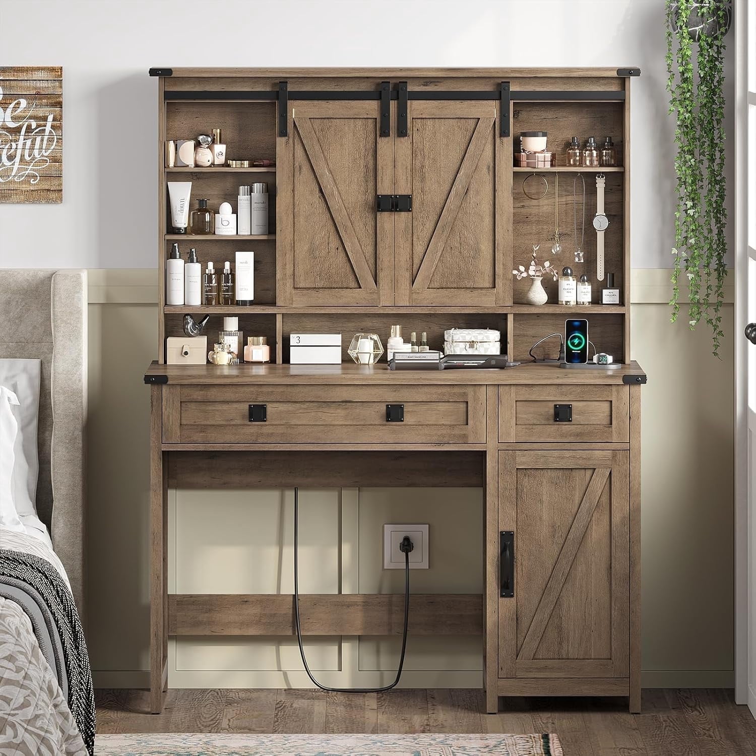 AOGLLATI Farmhouse Brown Vanity Table Set with Lights, Mirror, Charging Station and Jewelry Hooks