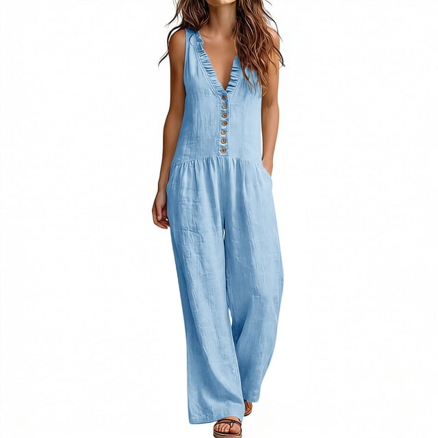 SZJXBUY Womens Fashion Jumpsuits Dressy Casual Cotton Linen Jumpsuits Dressy Plus Size Wide Leg Sleeveless Ruffled V Neck Button Boho Overall Romper with Pockets Light Blue,M